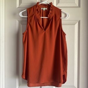 Jade Melody Tam, burnt orange sleeveless split neck blouse, size small